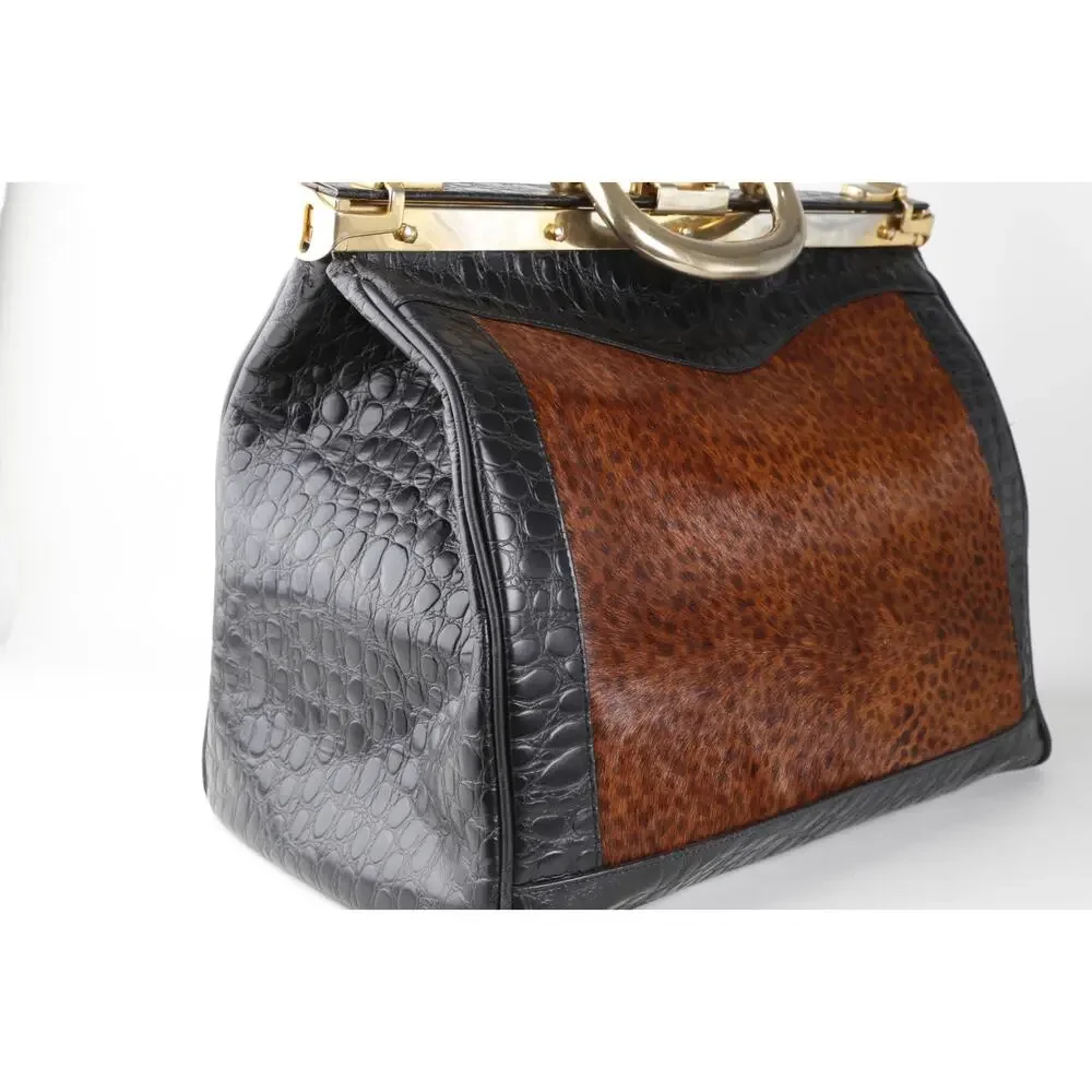 Rare Vintage L’ior Structured Doctor Frame Bag Croc Embossed Leather Calf Hair
